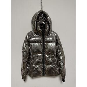 S13 Jacket Womens Small Silver Metallic Puffer Hooded Down Quilted Zip Front